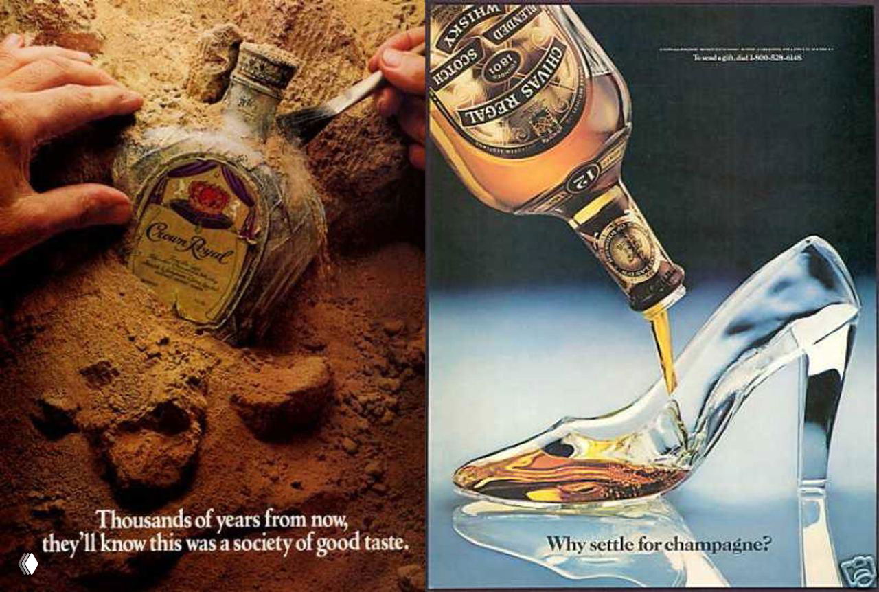 Два изящных рекламных образа: слева бутылка Crown Royal, частично засыпанная песком; справа Chivas льёт содержимое в хрустальную туфельку.