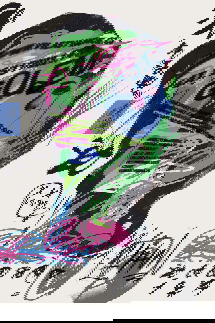 Плакат с наложением цветных слоёв: фрагмент лица, зелёные и розовые метки, хаотичные линии и типографические фрагменты на светлом фоне.