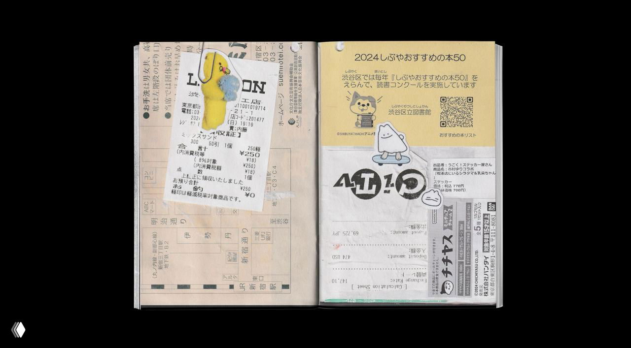 Коллаж из чеков и наклеек, включая мелкие билеты и рекламные вставки, размещённые в развороте зина как визуальные метки поездки.