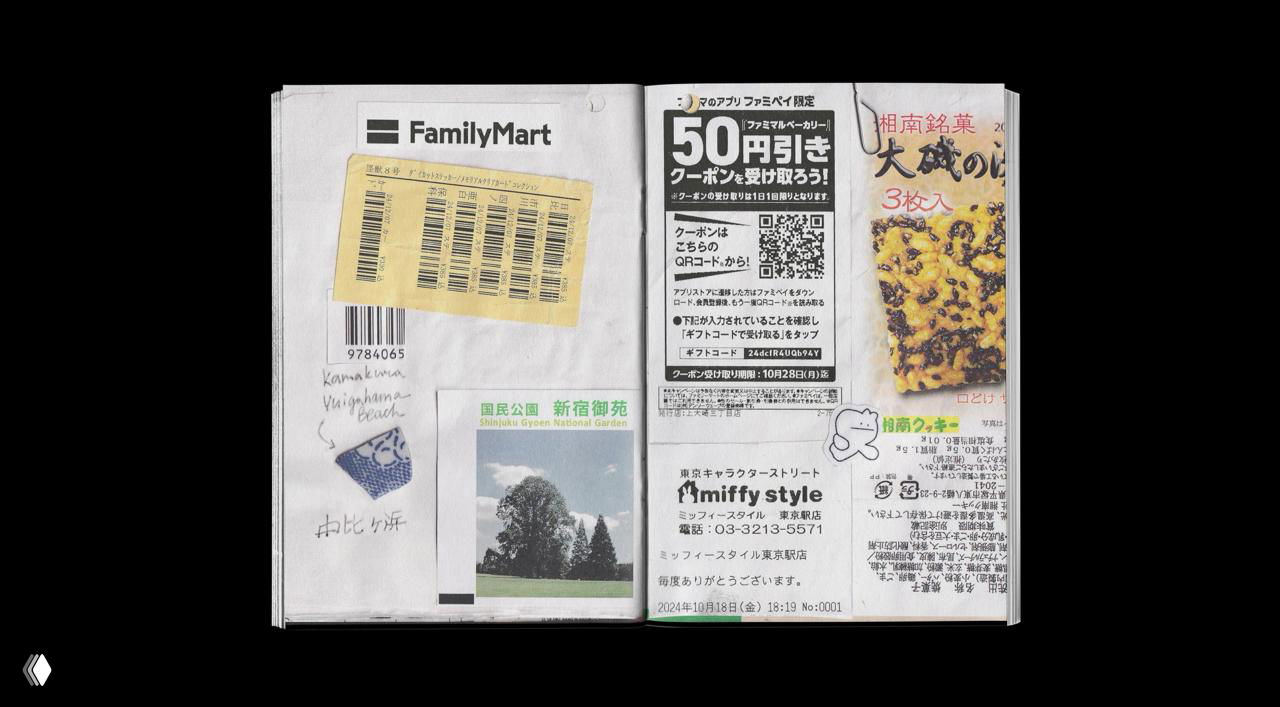 Двухстраничный разворот с заметками и купонами FamilyMart, с наклеенным штрихкодом и маленькими иллюстрациями, аккуратно размещёнными в формате А6.