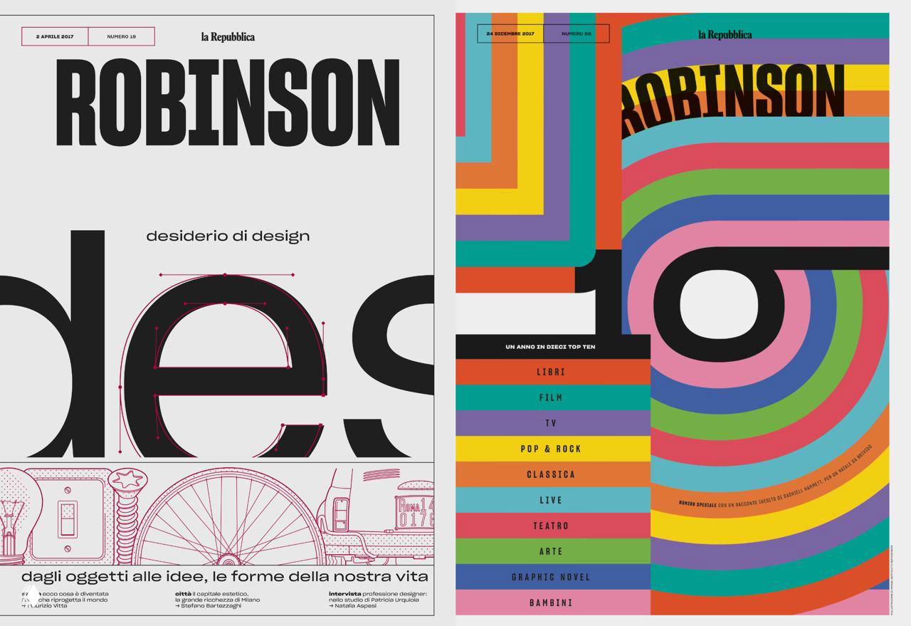 Обложка Robinson: крупный типографский заголовок и декоративная иллюстрация внизу, минималистичный дизайн обложки журнала с акцентом на форму букв.
