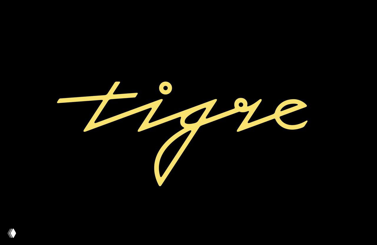 Крупный план логотипа Tigre золотистым леттерингом на чёрном фоне; плавные каллиграфические линии и минималистичная люксовая подача бренда.