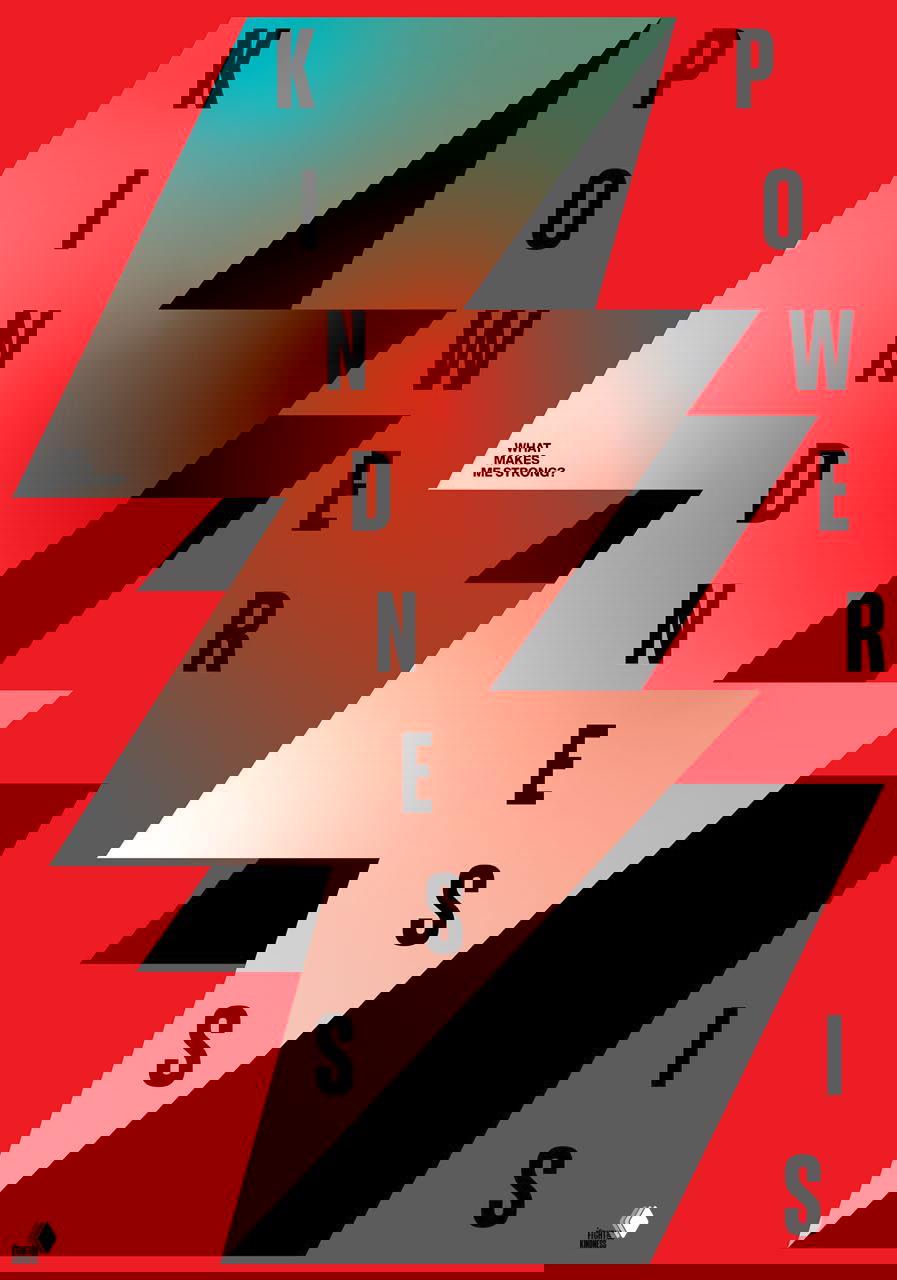 Красный плакат с градиентными геометрическими формами и вертикальной типографикой, современная графическая композиция с динамикой.