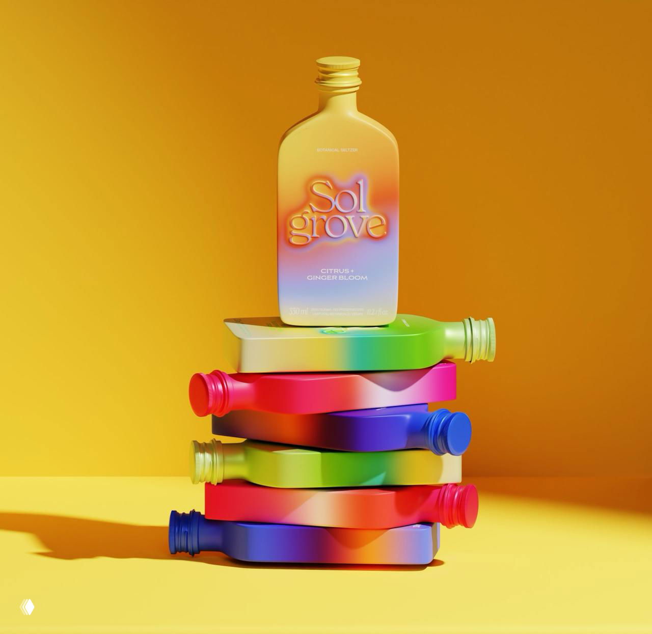 Композиция из стопки плоских флаконов Sol Grove на жёлтом фоне с верхней бутылкой в фокусе, демонстрирующая профиль и срезы упаковки