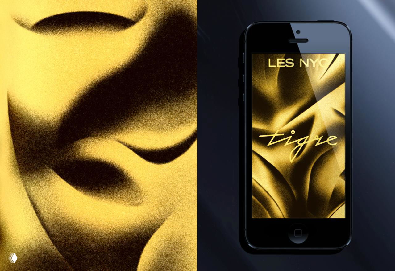 Две композиции: зернистая золотая фотография слева и экран мобильного с фирменным визуалом Tigre справа; ретро-эстетика и гламур.