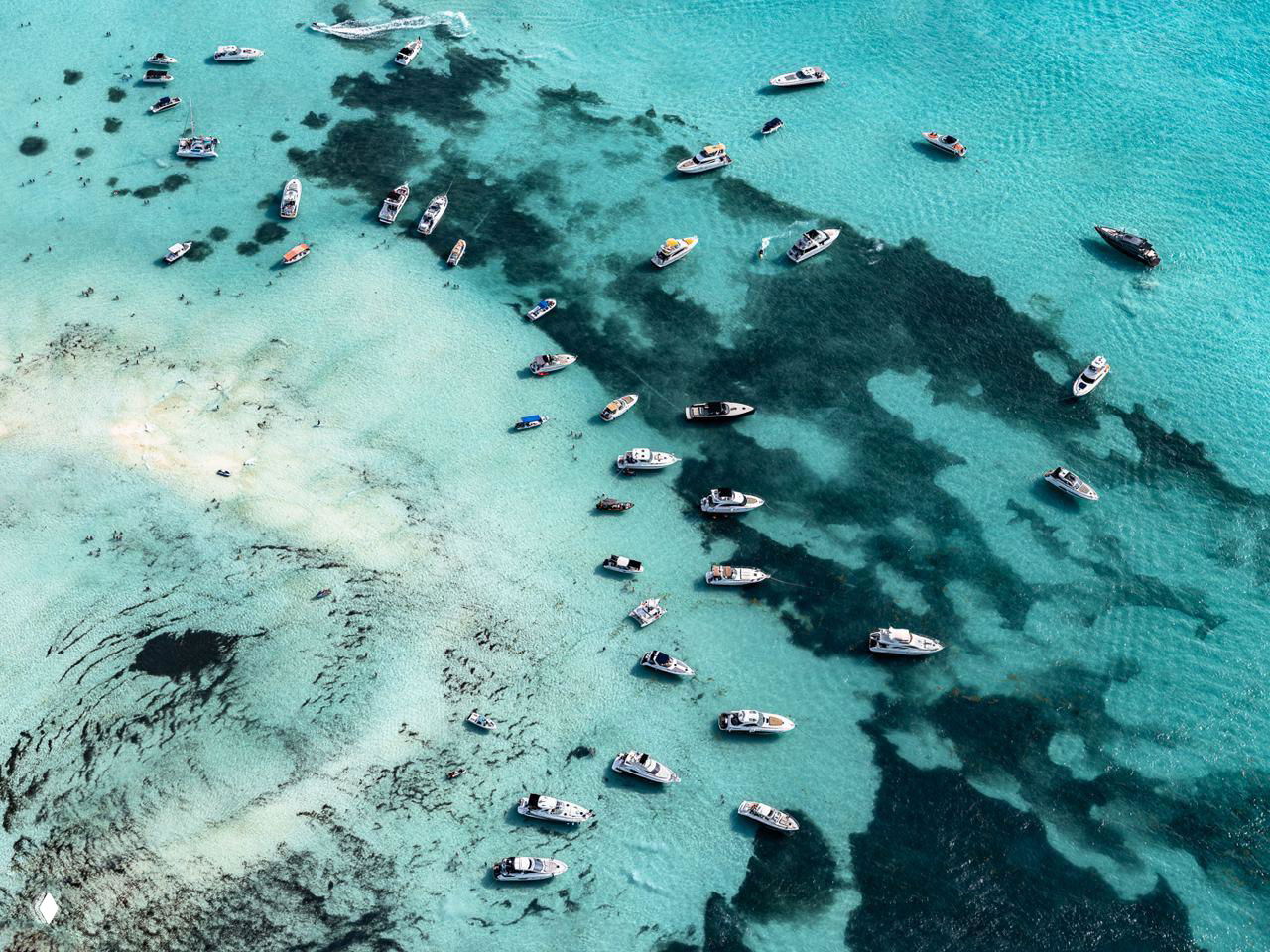 Аэрофотография с большим количеством катеров и яхт на мелководье; тёмные пятна под водой образуют выразительные узоры на фоне бирюзы.