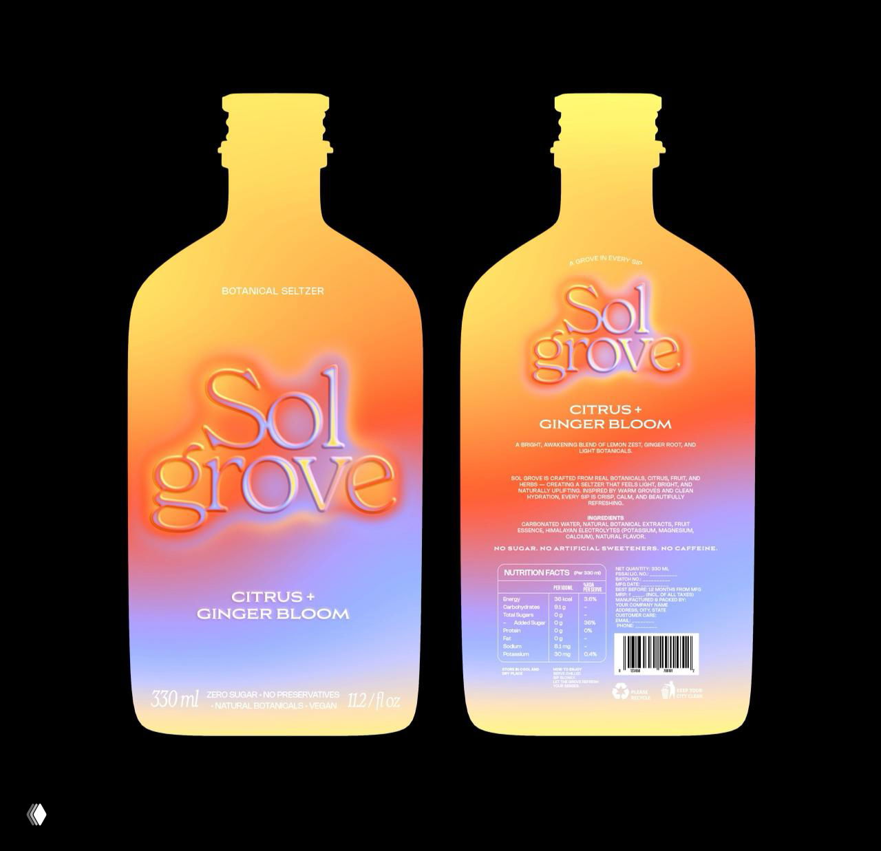 Коллаж из четырёх вертикальных плит с отдельными бутылками Sol Grove на разноцветных градиентных фонах, показывающий оттенки для разных вкусов
