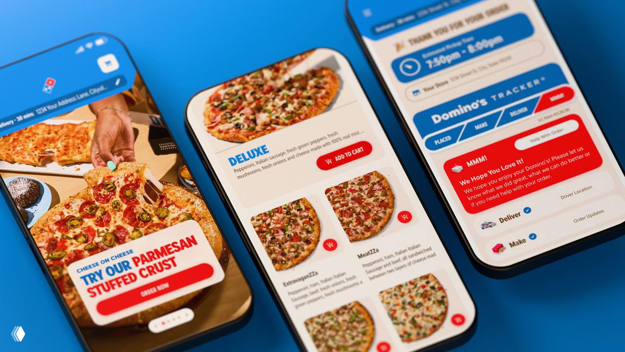 Снимок мобильного интерфейса приложения Domino’s: меню пицц, карточки товаров и кнопки в фирменных цветах, визуал приложения в новом стиле.