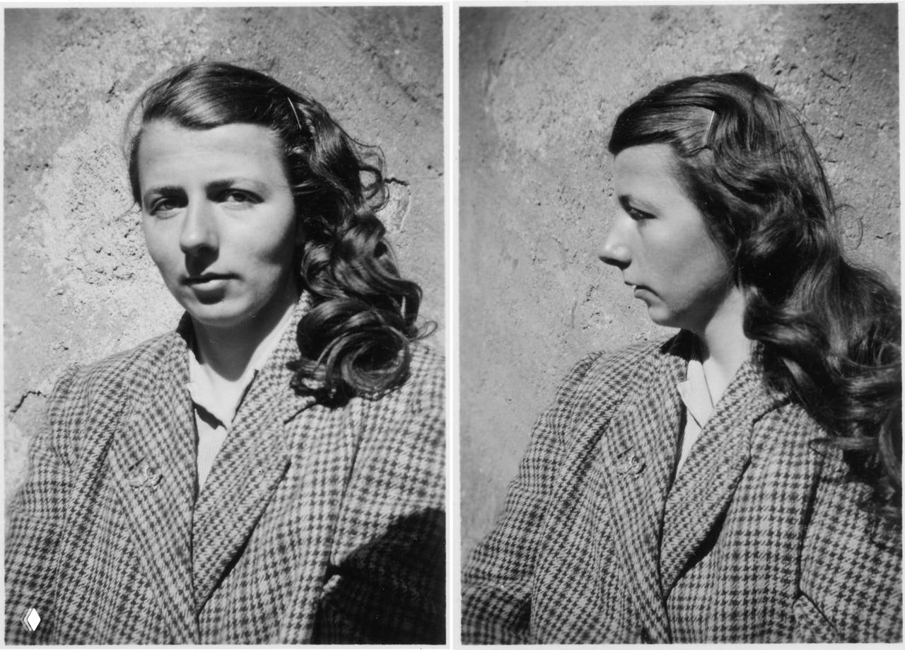 Две фотографии в одну рамку: портрет молодой женщины в профиль и в фас — пример ранних студийных и уличных работ Майер.