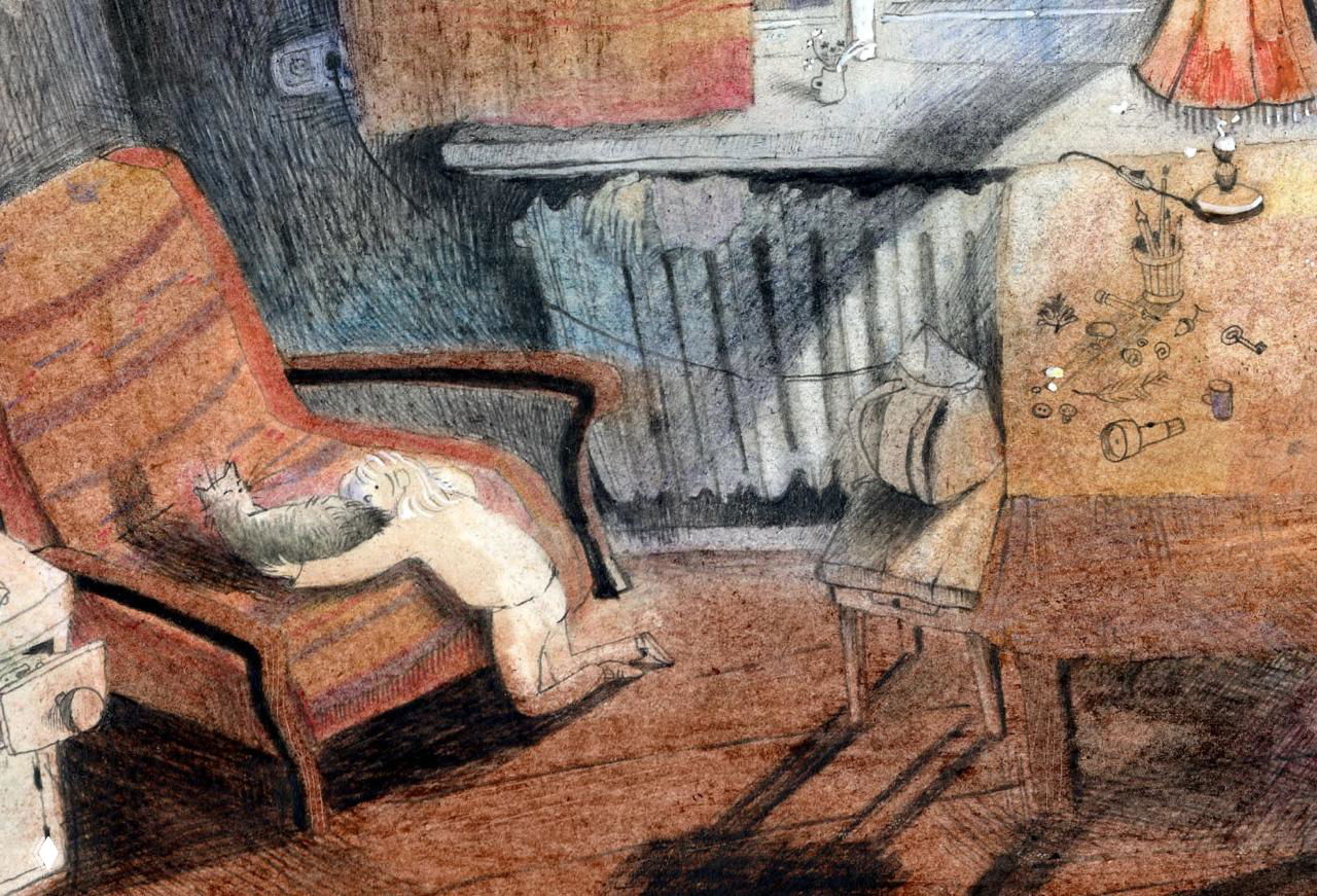 Интерьерная иллюстрация: ребёнок на коленях гладит кошку на кресле, приглушённый свет, густая штриховая фактура и тёплая цветовая гамма пастели.