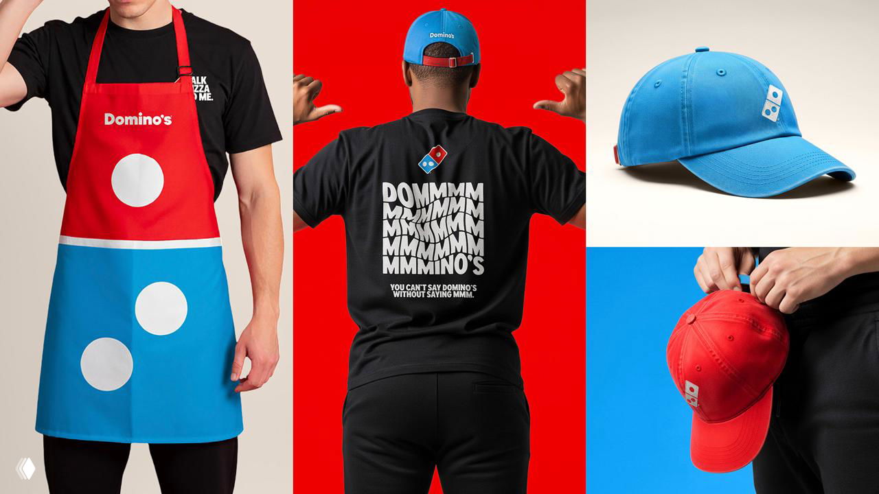 Коллаж с униформой и мерчем Domino’s: фартук, футболка и кепки в фирменных цветах, демонстрирующие брендированную одежду сотрудников.