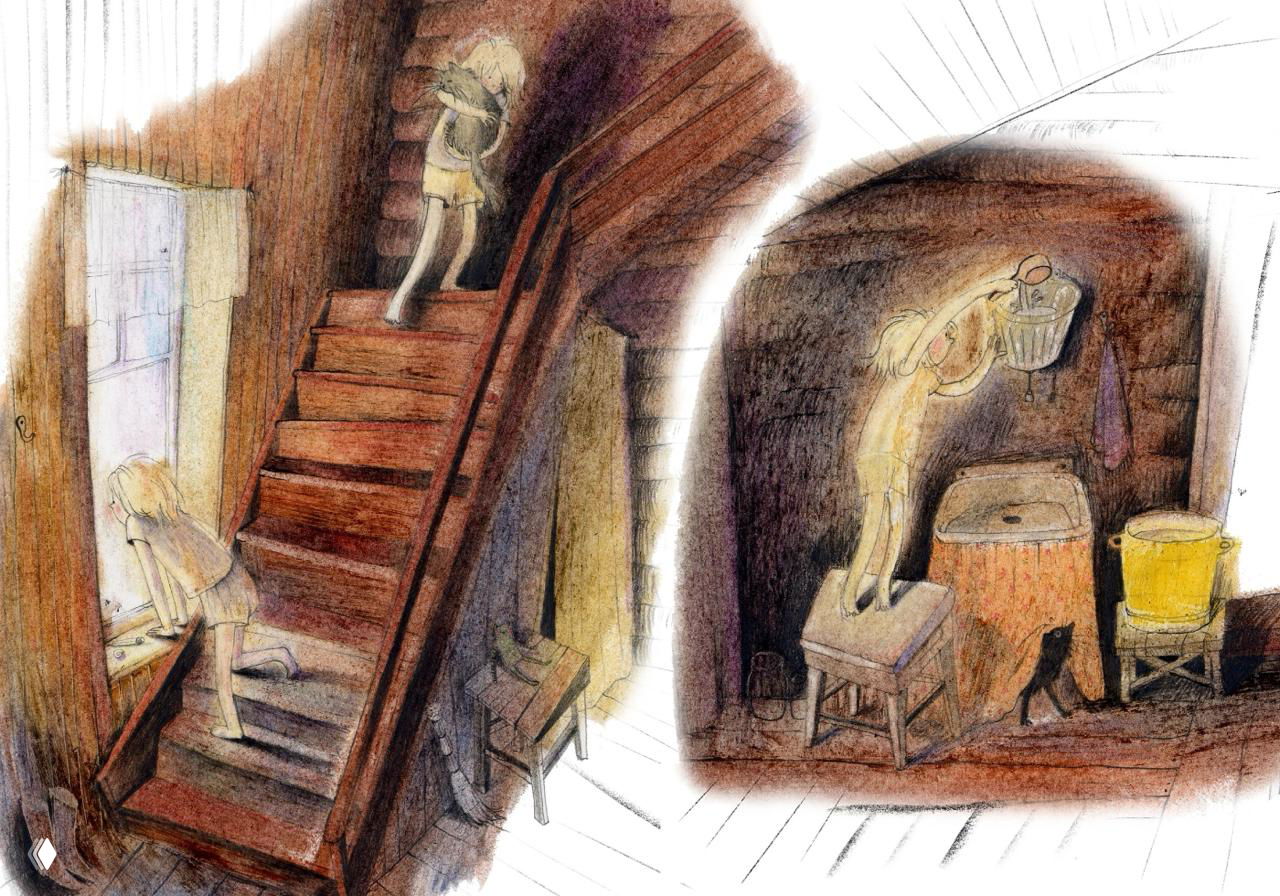 Две композиции на развороте: ребёнок поднимается по деревянной лестнице и кадр с ребёнком у умывальника в чулане, динамичная карандашная линия и тёплая палитра.