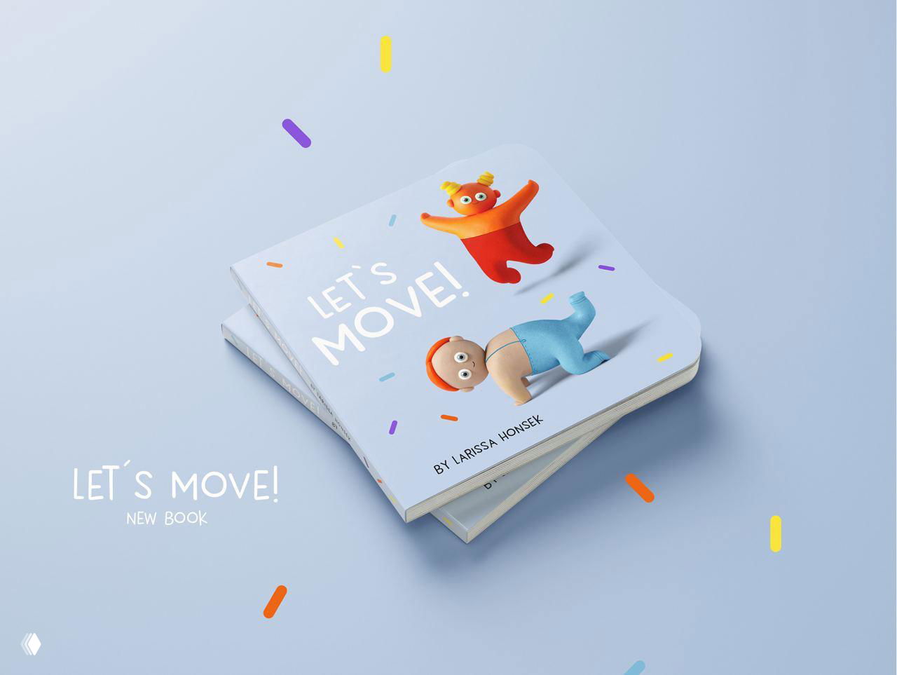 Обложка детской книги «Let's Move!»: одна-две книжки на пастельном фоне, на обложке объёмные глиняные персонажи, крупный логотип названия.