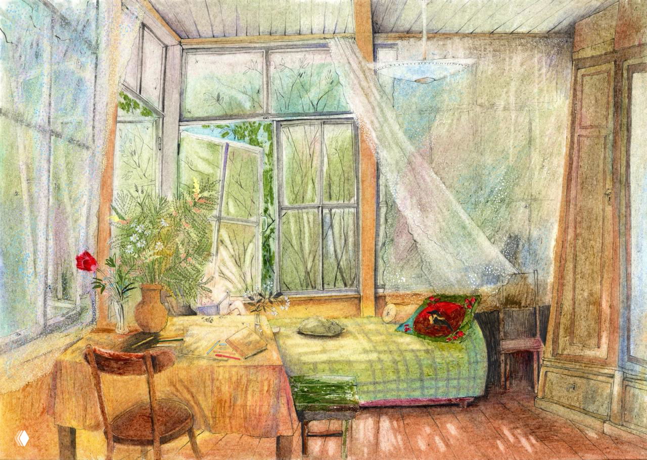 Верандная спальня: кровать, стол у окна и лёгкие занавески на ветру — световые блики, тонкая штриховка и пастельные цвета в изображении.