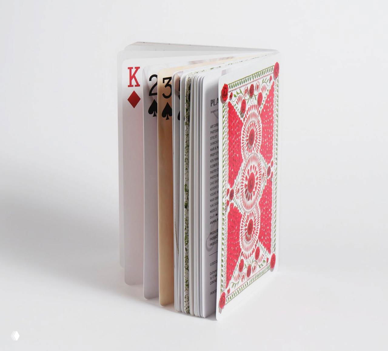 Книга-колода раскрыта в виде веера: видны страницы и торцы карт, на переднем плане композиция с красной «рубашкой» и игральными картами внутри.
