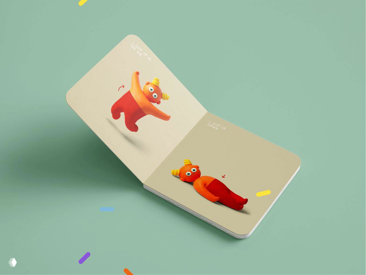 Разворот с оранжевым персонажем в прыжке и в лежачем положении — показ коррелирующей последовательности движения на двух страницах книги для малышей.