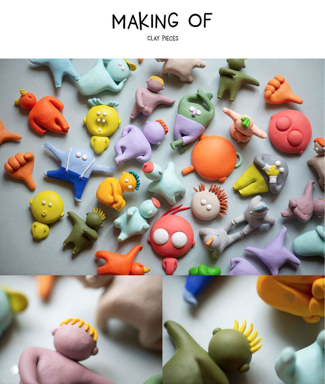 Мэйкинг: множество маленьких глиняных заготовок и фигурок на рабочем столе, видно разнообразие форм, цветов и текстур пластилина при подготовке персонажей.