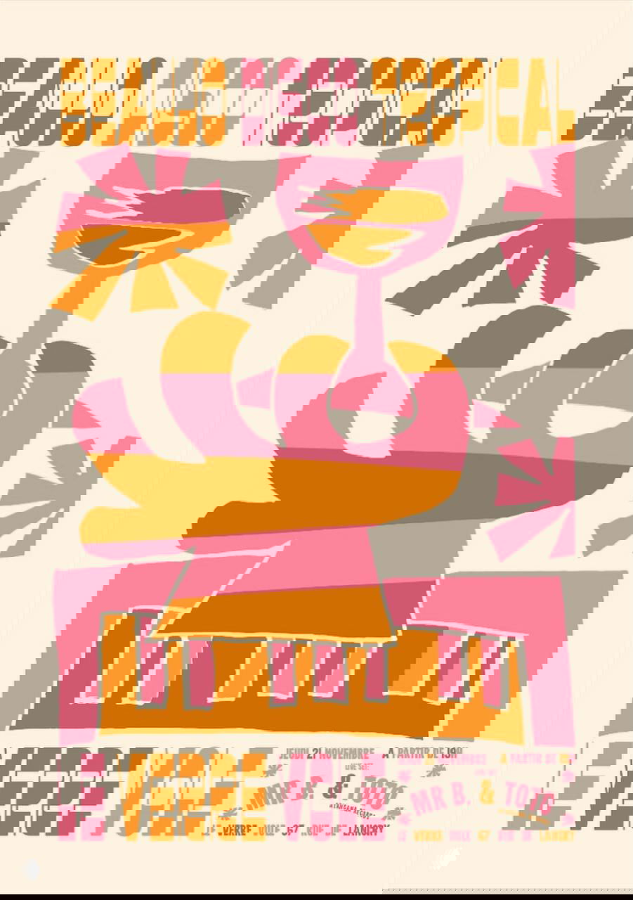 Плакат с теплой палитрой и упрощённой иллюстрацией бокала и текстовыми блоками в ретро-стиле, характерный ручной рисунок.