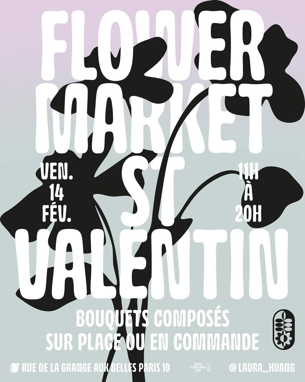 Плакат с контрастными крупными белыми буквами на пастельном фоне и силуэтом цветочных форм — композиция в духе цветочного маркетинга.