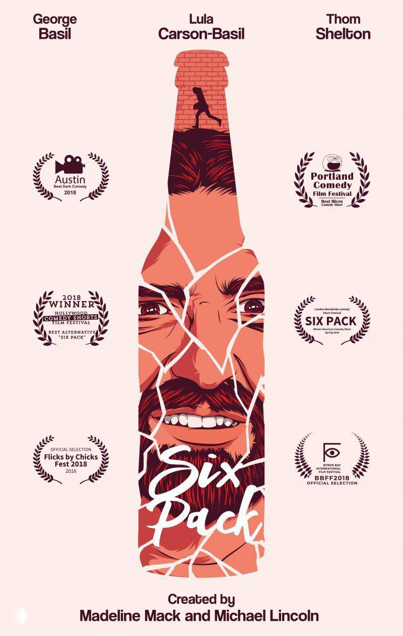 Плакат в форме бутылки с коллажным лицом и наградами фестивалей — сдержанная палитра розовых и бежевых тонов, ретро-компоновка элементов.