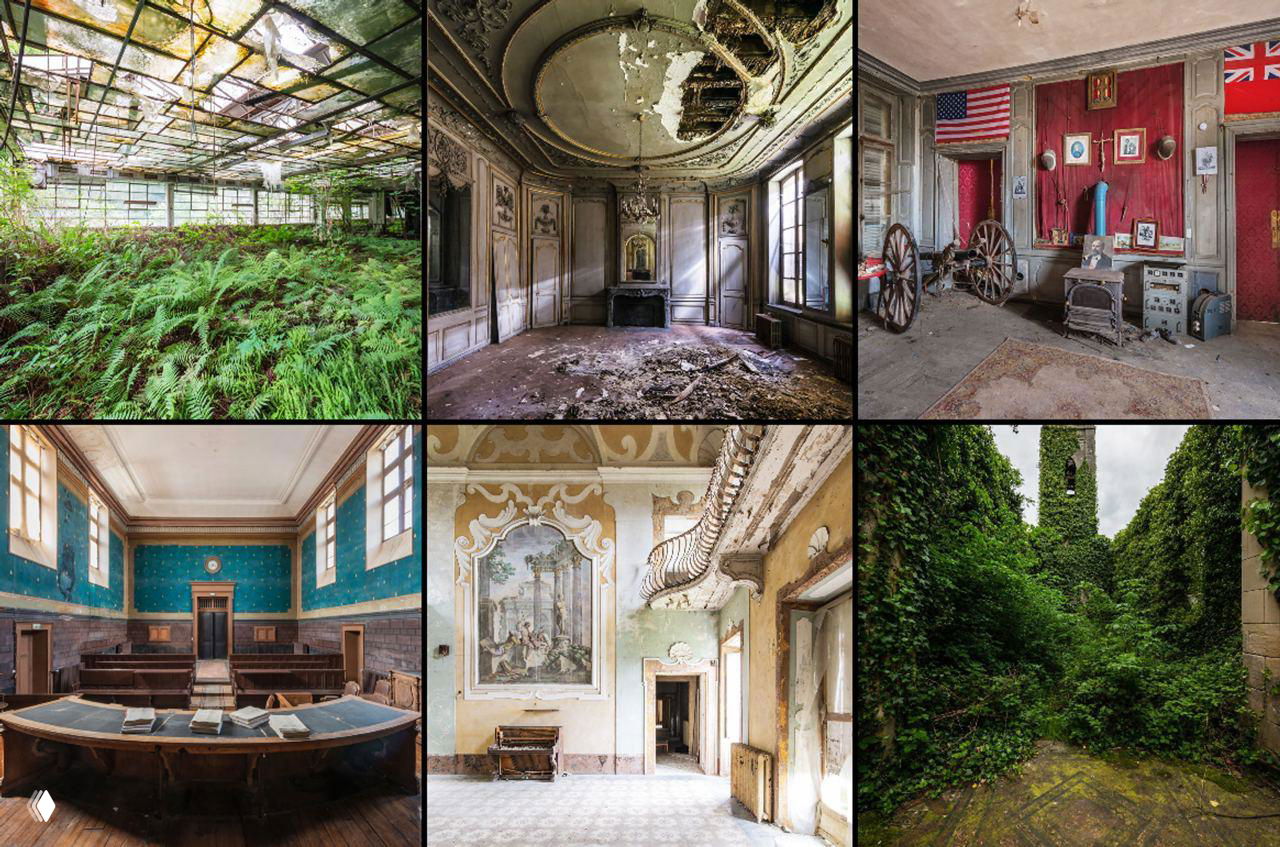 Коллаж заброшенных интерьеров Ромена Вейона: комнаты с обвалившимися потолками и зарослями, где природа возвращает пространство.