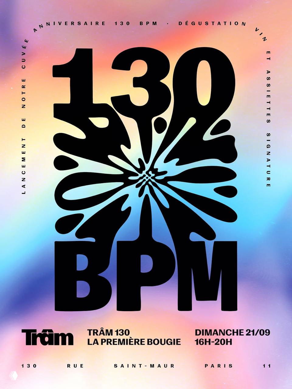 Плакат с градиентным радужным фоном и чёрной крупной типографикой «130 BPM», динамичная композиция для музыкального анонса.