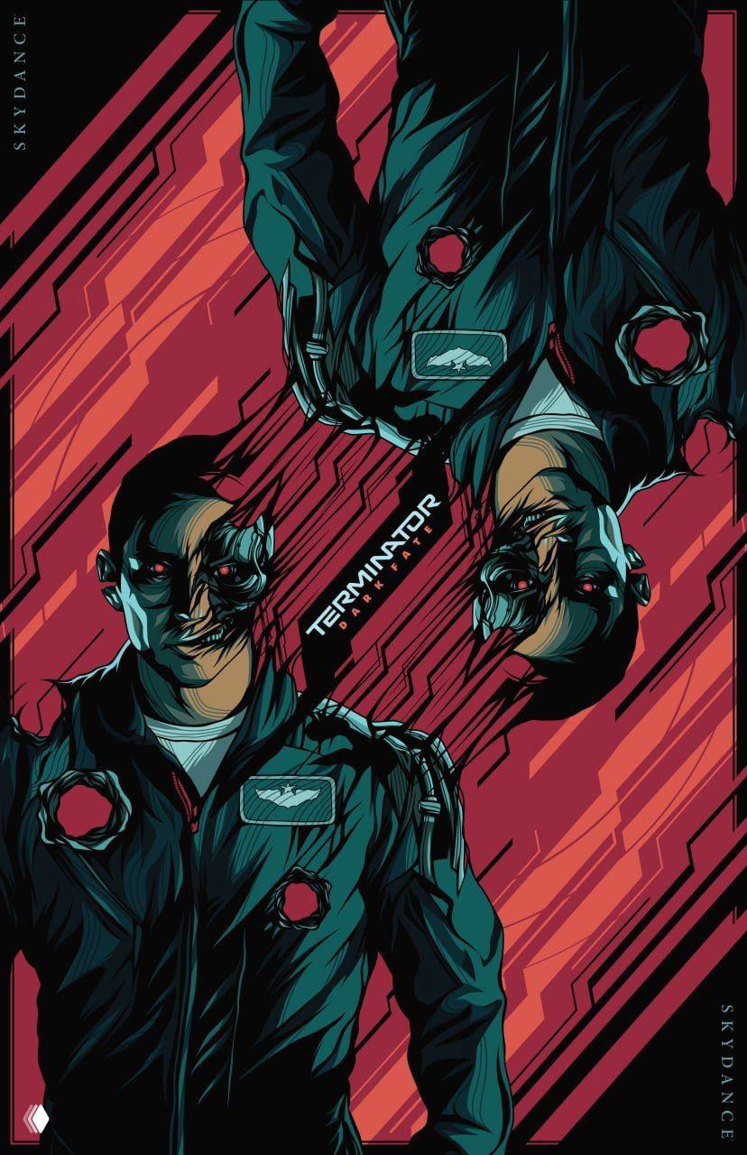 Динамичный постер в тёмно-зелёных и красных тонах с зеркальным расположением персонажей и графическими линиями, атмосферный экшн-дизайн.