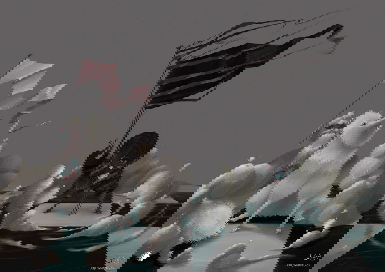 Диптих из серии «White:Black»: белый и чёрный шахматные персонажи на клетчатой плоскости, окружённые мягкими дымчатыми облаками.