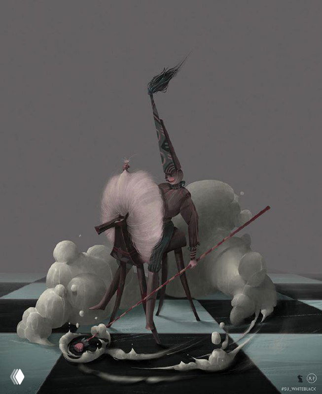 Иллюстрация одного персонажа в высоком колпаке, стоящего на тонких ногах на шахматной поверхности, с пушистыми деталями и дымом.