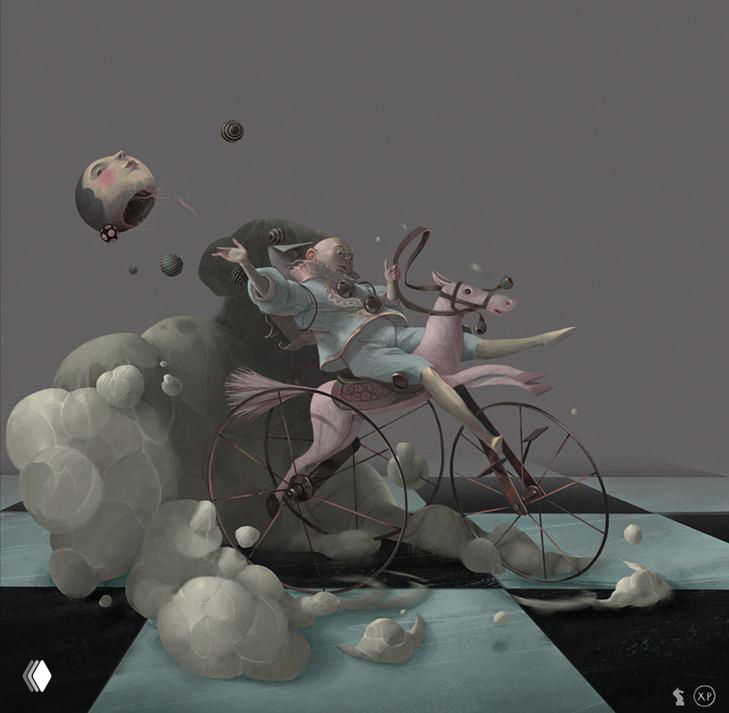 Кадр с фигурой на велосипеде и причудливым существом; пастельные тона и лёгкие облачные завихрения над клетчатым полем.