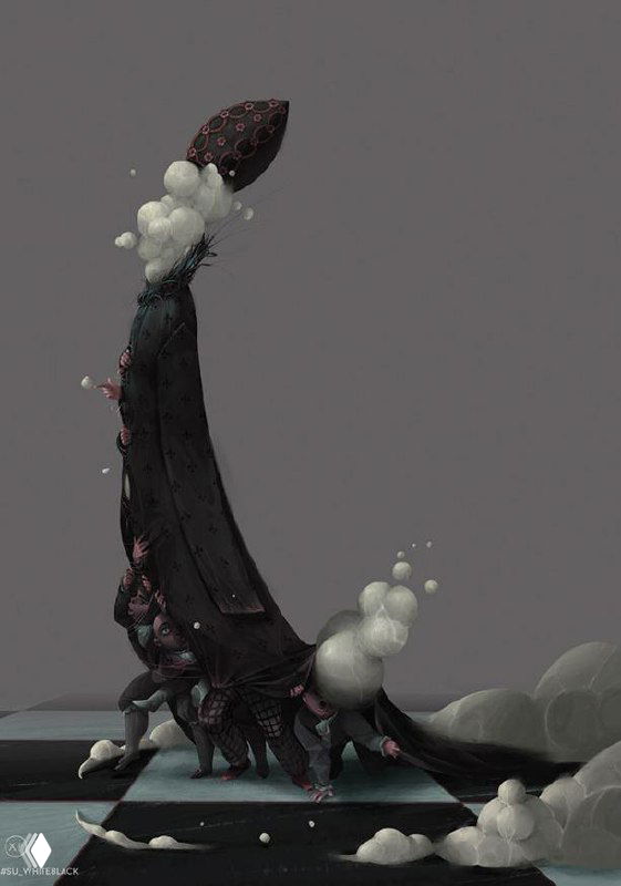 Драматический тёмный фрагмент с вытянутым текстурным элементом и облачной динамикой, контрастирующий с шахматной поверхностью.