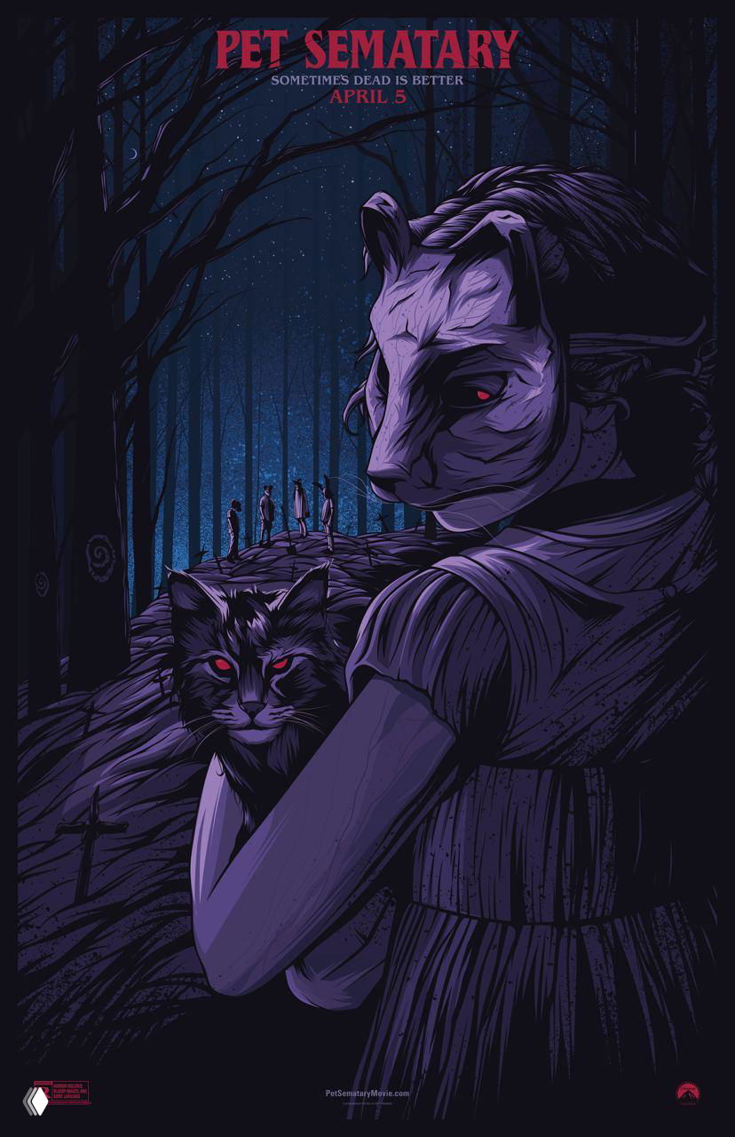 Готический постер «Pet Sematary» с лилово-тёмной палитрой, крупный план животного и лес на заднем плане, тревожная атмосфера и детализированная иллюстрация.