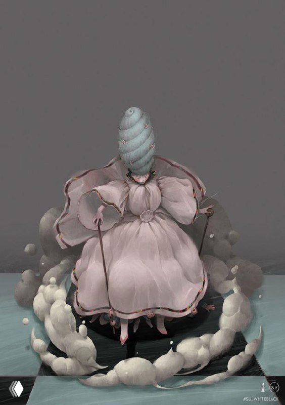 Пышная фигура в розовом платье с высокой причёской, окружённая завихрениями дыма на фоне шахматной доски, театральная композиция.