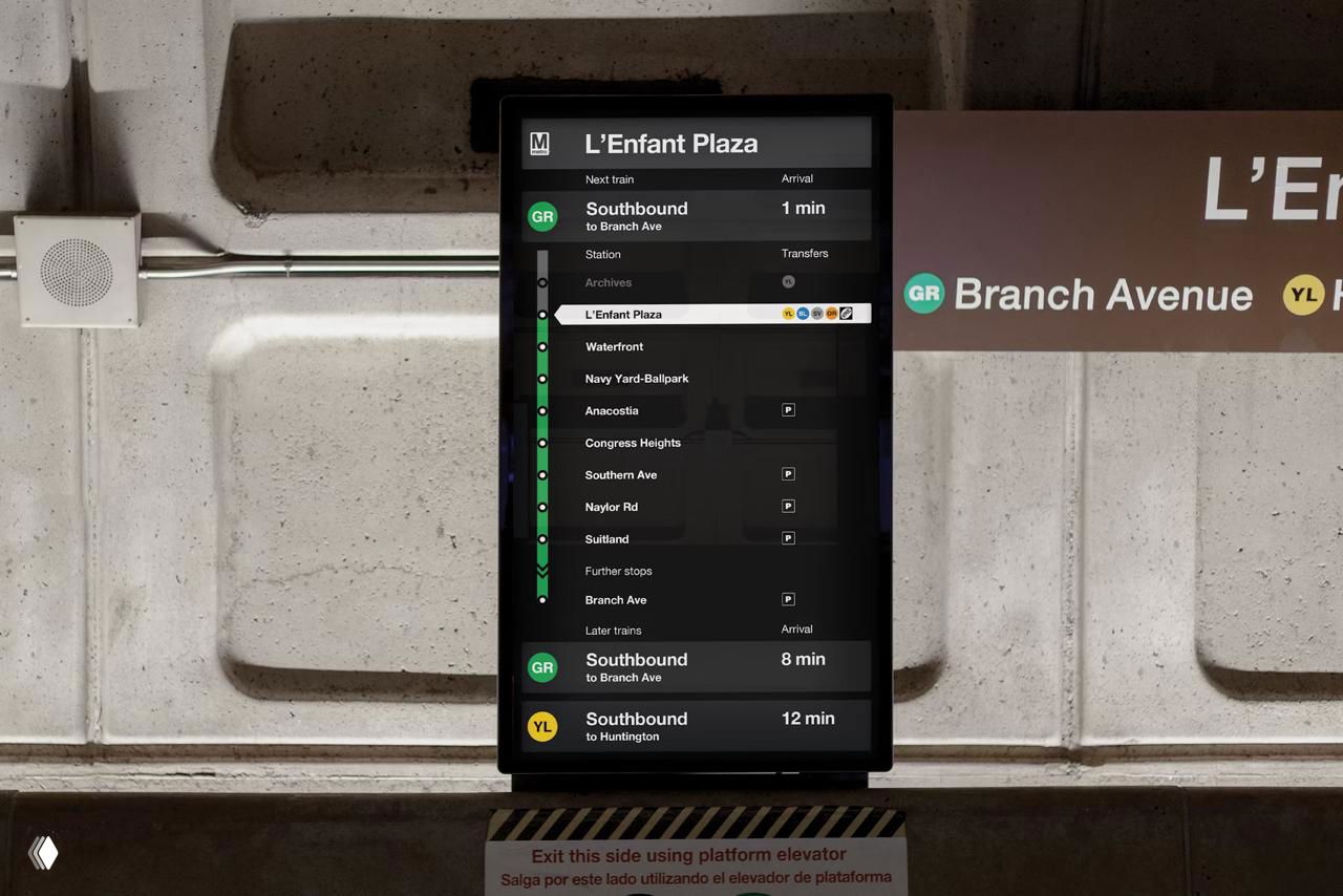 Цифровое табло на L'Enfant Plaza с перечнем остановок и пометками пересадок; тёмный дизайн отражает модульную систему контента.
