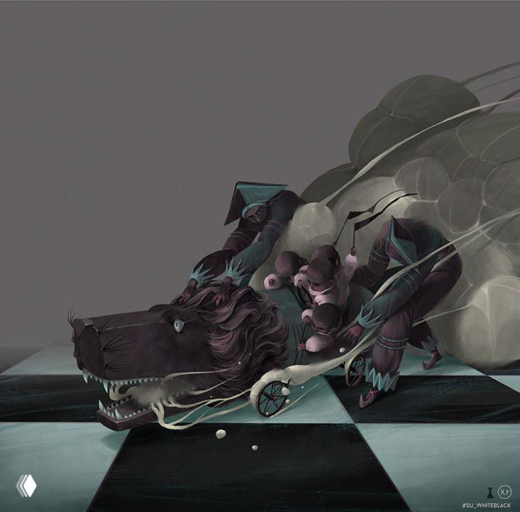 Чёрное существо с раскрытой пастью и зубчатыми формами, помещённое на клетчатую поверхность и окружённое облачными акцентами.