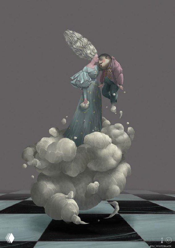 Абстрактные текстурные облачные формы в движении, множащие слои и создающие эффект глубины и пиксельной текстуры над шахматной плоскостью.