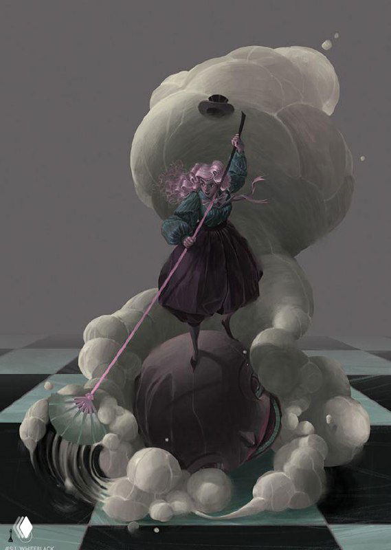 Пара персонажей на троне: тёмный и светлый персонажи, сидящие на возвышениях и окружённые мягкими облаками на шахматной доске.