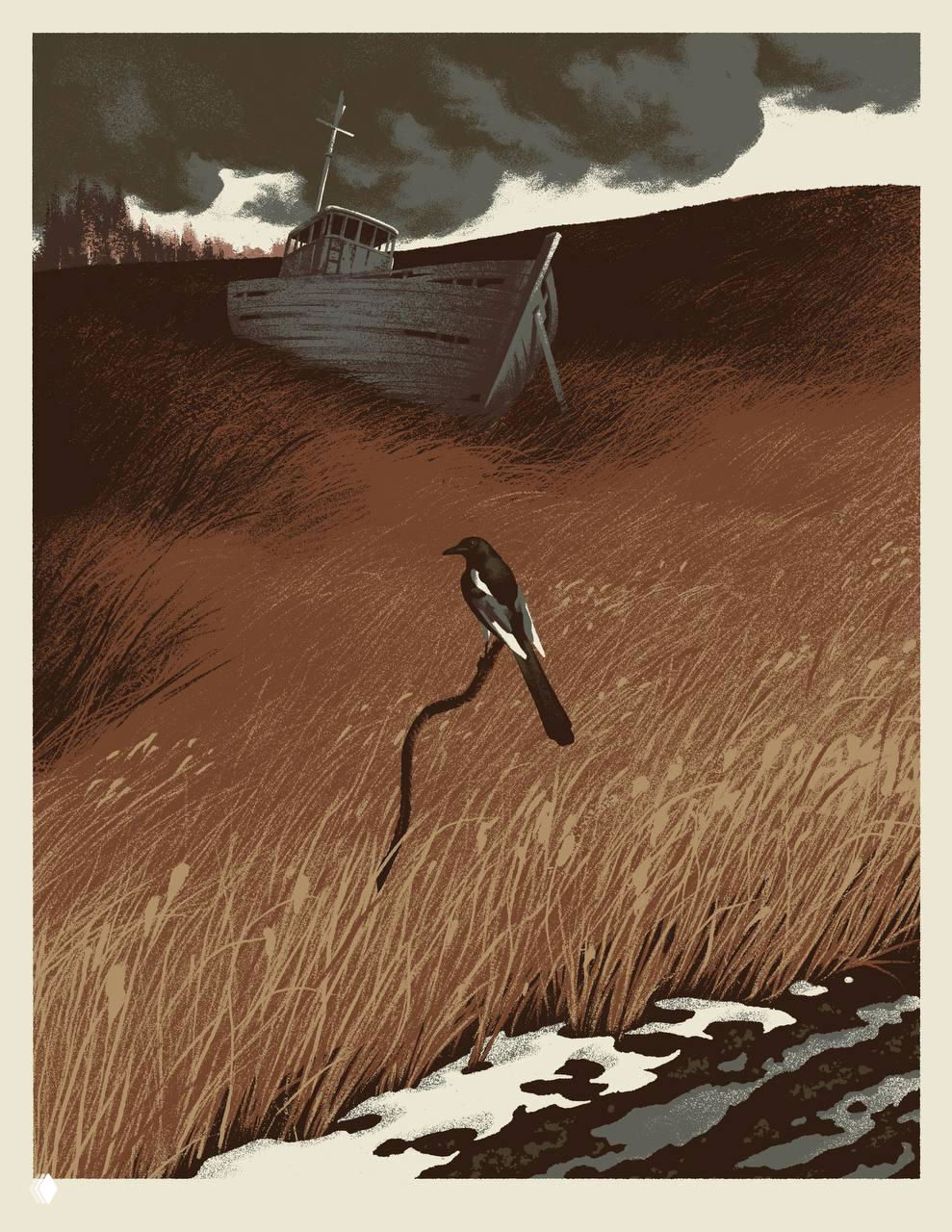 Коричневая сцена: заброшенное рыболовное судно на холме, в траве сидит сорока — меланхоличная композиция с подчеркнутой фактурой.