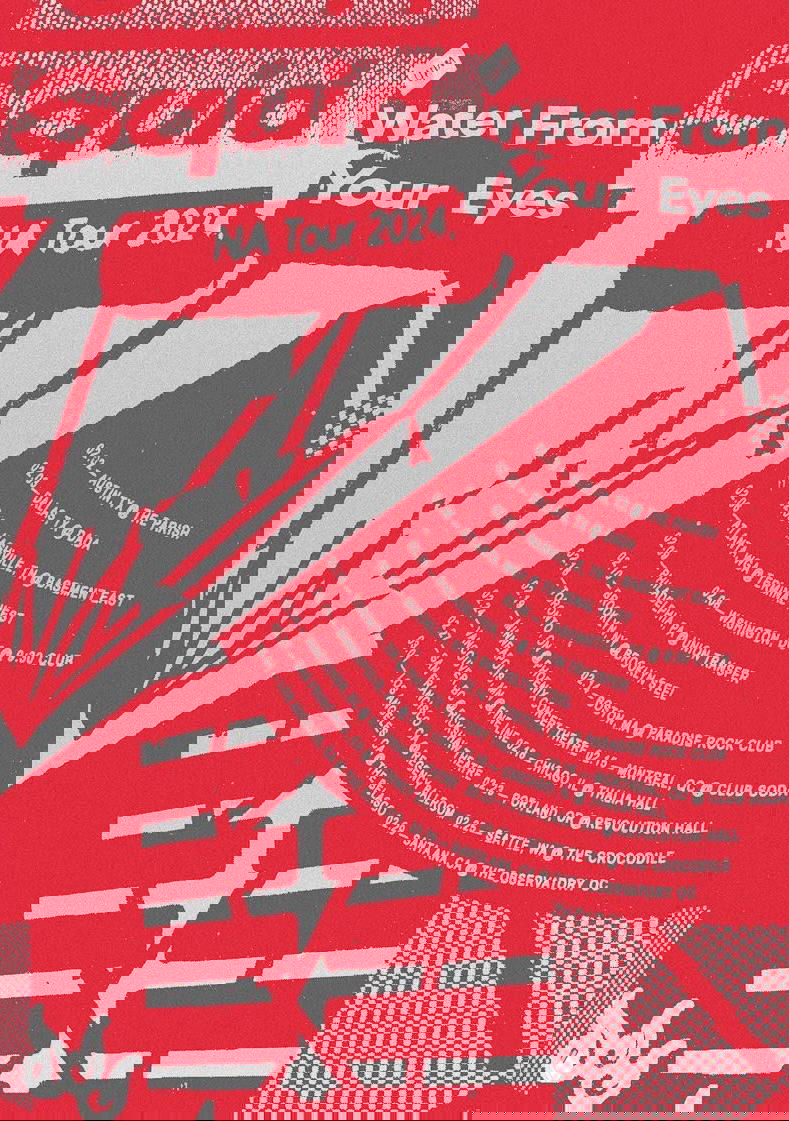 Красно‑белый зернистый концертный постер с крупным графическим элементом и списком дат тура; заметны артефакты сканирования и винтажная текстура.