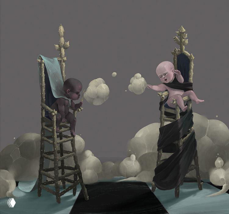 Композиционный кадр серии: два персонажа в контрастных костюмах среди дымчатых форм и клетчатого пола, объединяющий визуальную тему проекта.