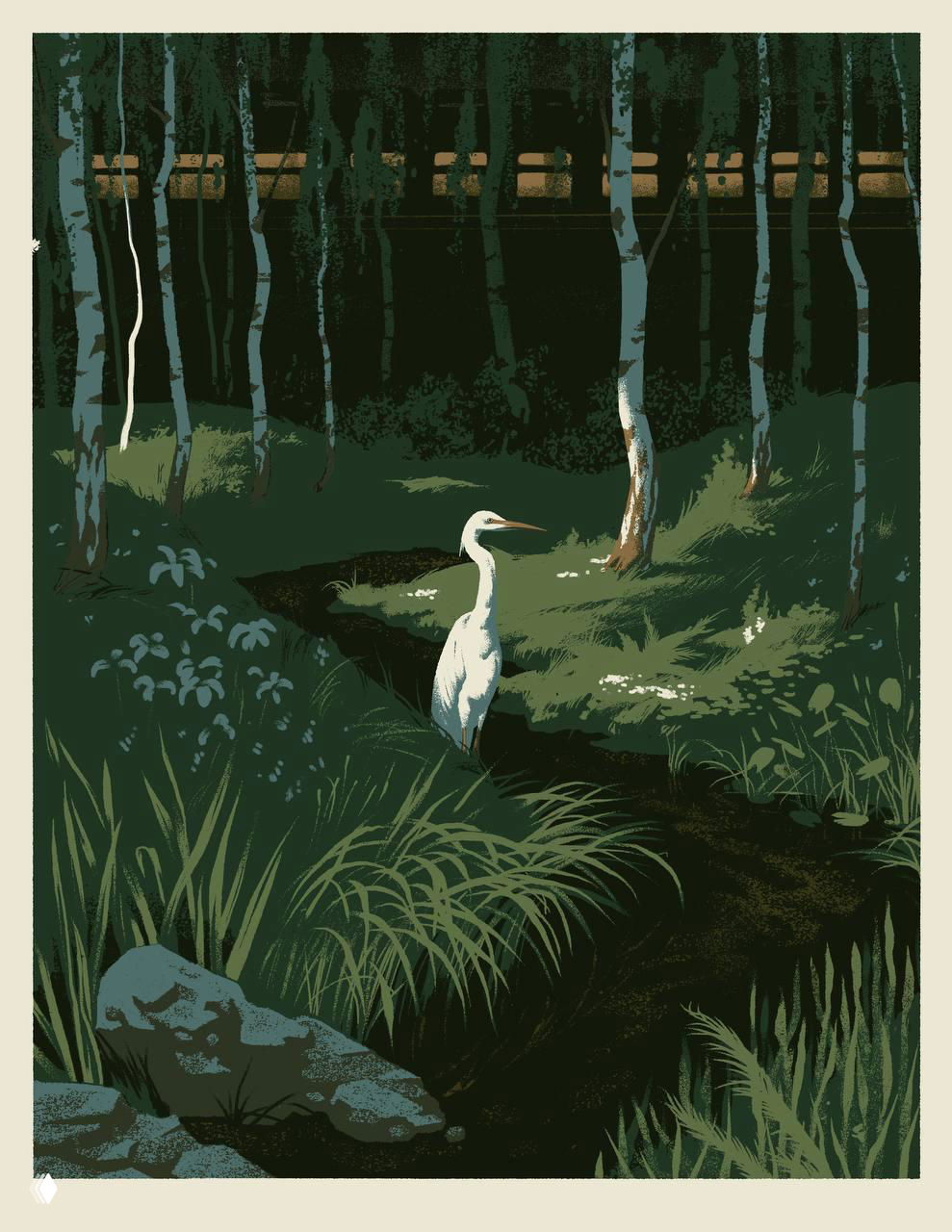 Зелёная иллюстрация с болотом и цаплёй у берега среди высоких трав и берёз, мягкий свет подчёркивает текстуру растительности.