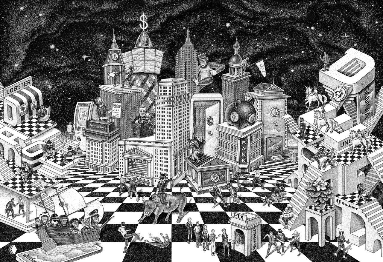 Панорама в технике точечной графики: городская сцена с шахматным полем, домами и персонажами, полна символических деталей и аллегорий.