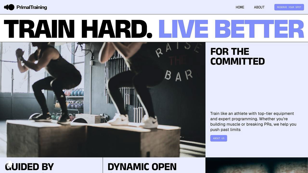 Шаблон лендинга для фитнеса: крупный заголовок «TRAIN HARD. LIVE BETTER», коллаж из фотографий тренирующихся и современная сетка контента.