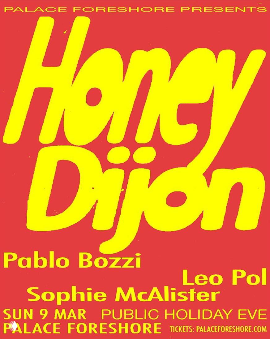 Ярко‑красный фон с крупным желтым шрифтом «Honey Dijon» и перечнем исполнителей; видны неровности печати и зерно сканирования.