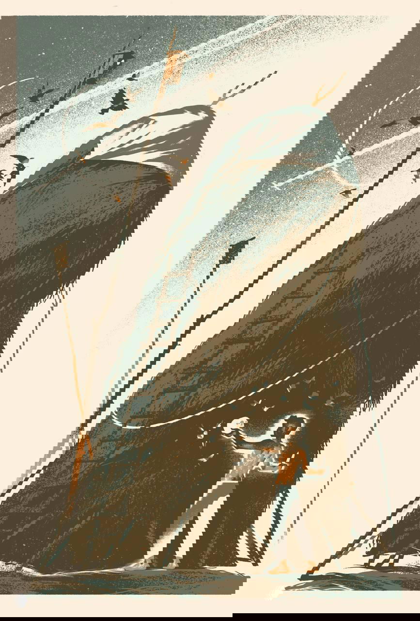 Сюрреалистическая композиция: человек у большого укрытия из соломы, вокруг летают птицы, в сцене присутствует театральный свет.