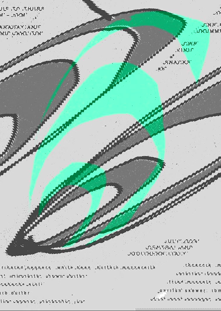 Серый фон с зелено‑черной абстрактной формой, мелкий текст меню/описания внизу и заметная текстура бумаги и скана.