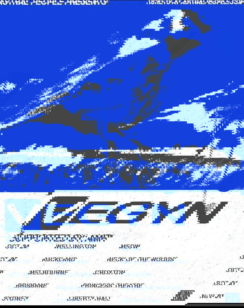 Постер в сине‑белой гамме с пикселизированным изображением и заголовком VEGYN, туровые даты и города в нижней части.