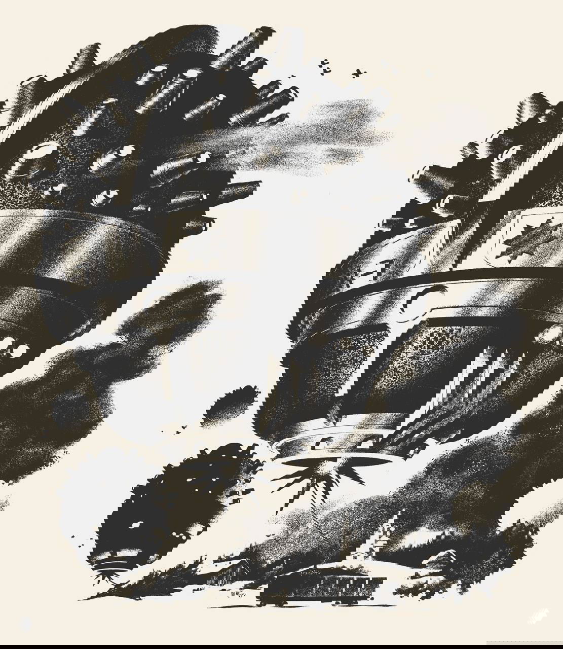 Графическая фантастическая иллюстрация: летающие механические сферы над деревней, динамичная композиция в ретро-футуристическом стиле.