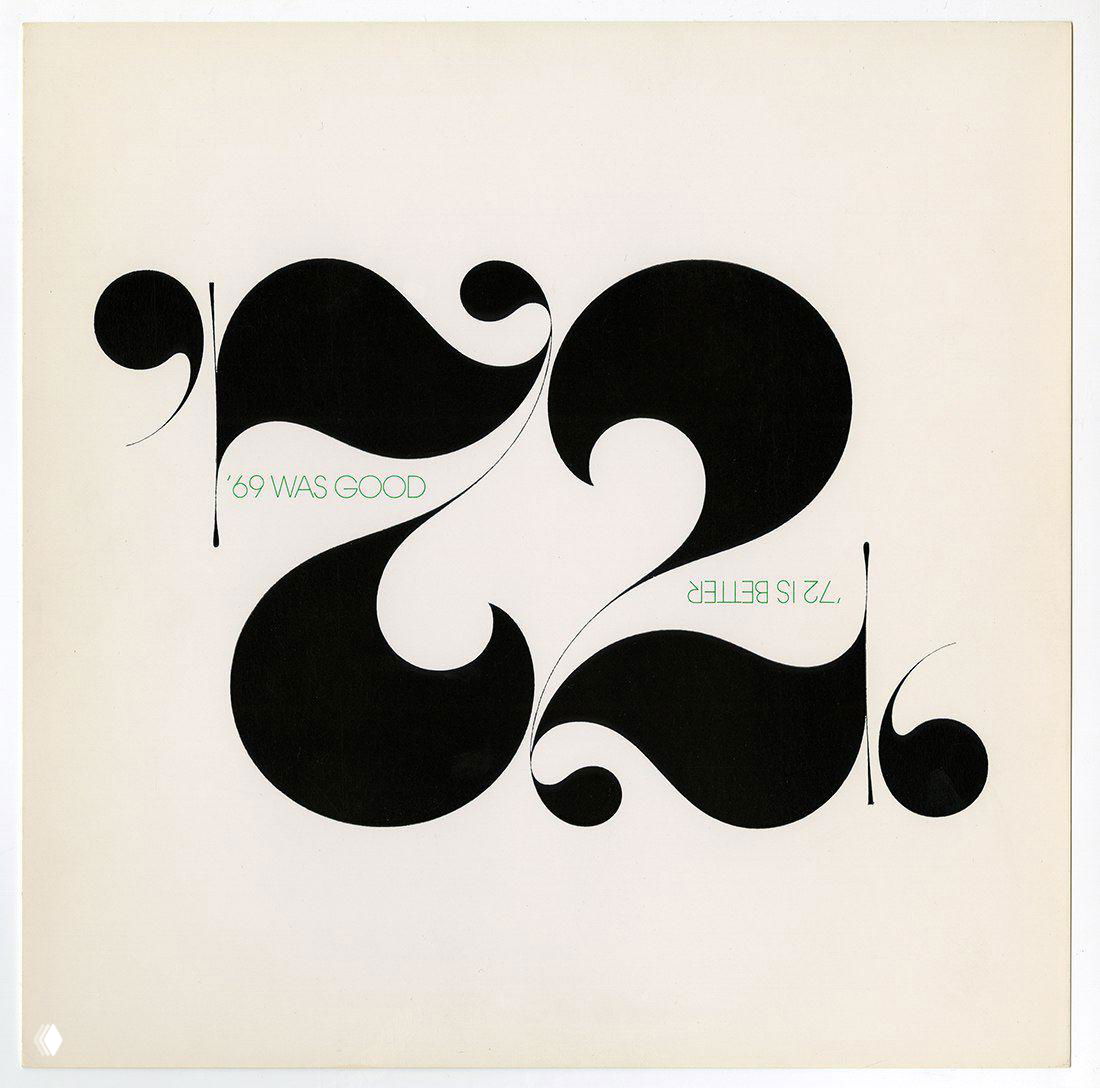 Ретро‑открытка в монохроме с крупной декоративной типографикой и перевёрнутым номером «72», пример дизайнерской праздничной открытки середины XX века.