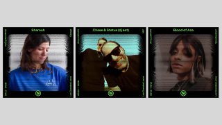 Три квадратных панно с портретами и эффектами смещения: лица наложены на графику с горизонтальными искажениями и неоновыми зелёными подписью и элементами интерфейса.